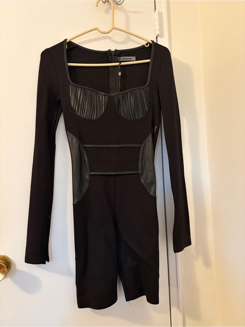 MANIERE DE VOIR Black Pleated Leather & Bandage Playsuit